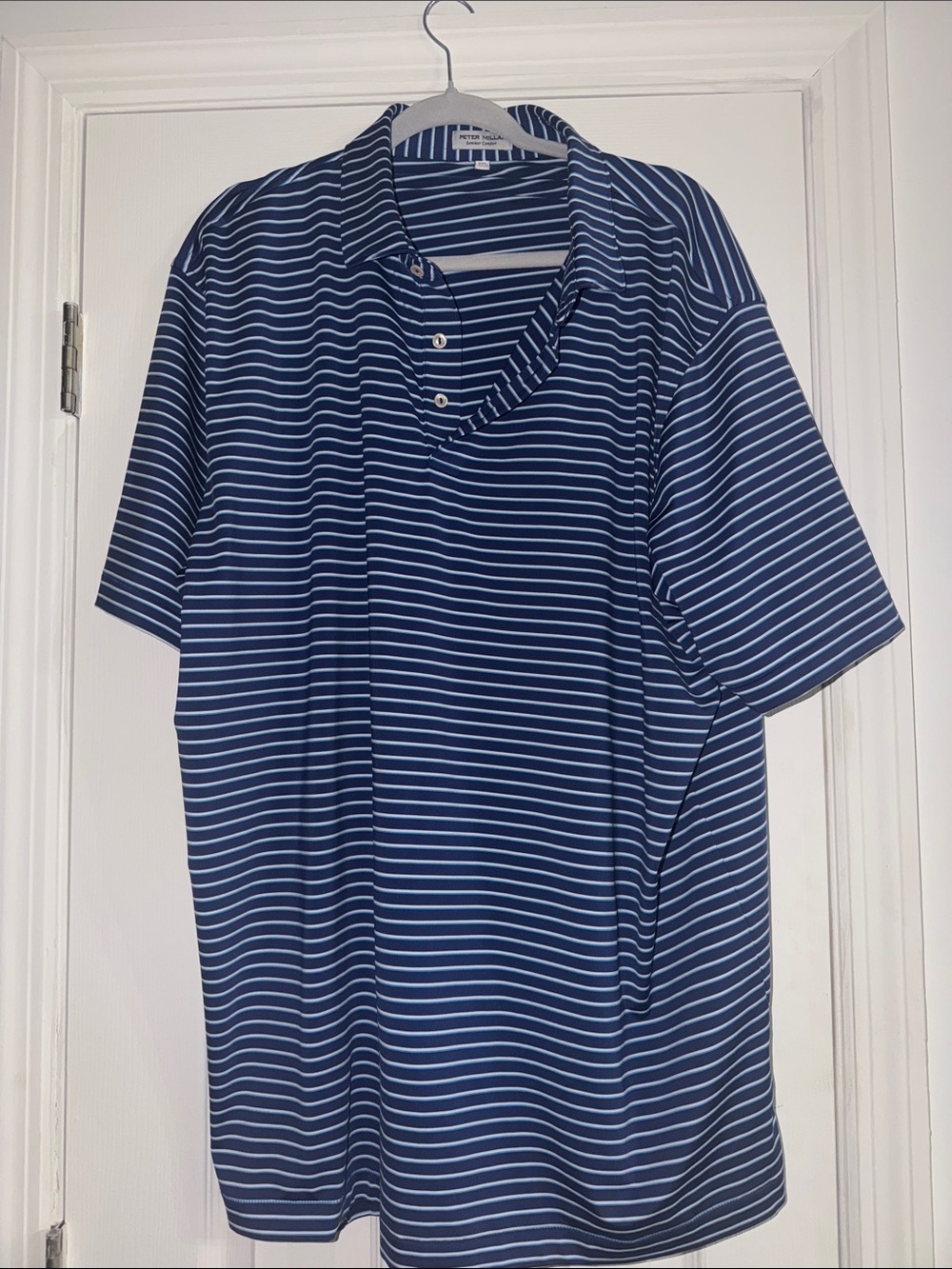 Peter Millar Navy and White Striped Short-Sleeve Polo